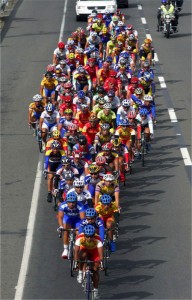 Bikers in a peloton formation